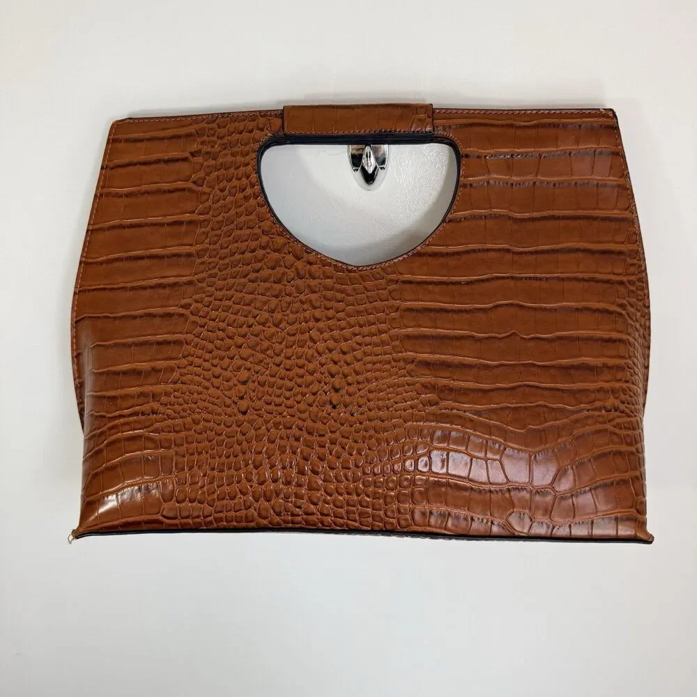 Croc Embossed Brown Faux Leather Clutch Purse Cutout Handle Shoulder Bag - Picture 2 of 16